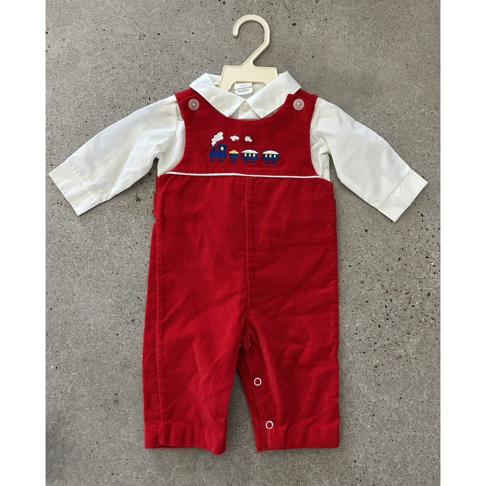 Vintage Boys‎ Outfit Set Red Velvet Overalls Train Embroidered 3-6 M